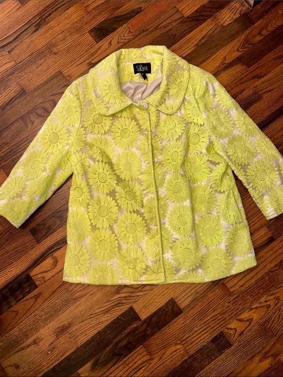 Luii Jackets & Blazers - Luii Neon Yellow Floral Brocade Pea Coat